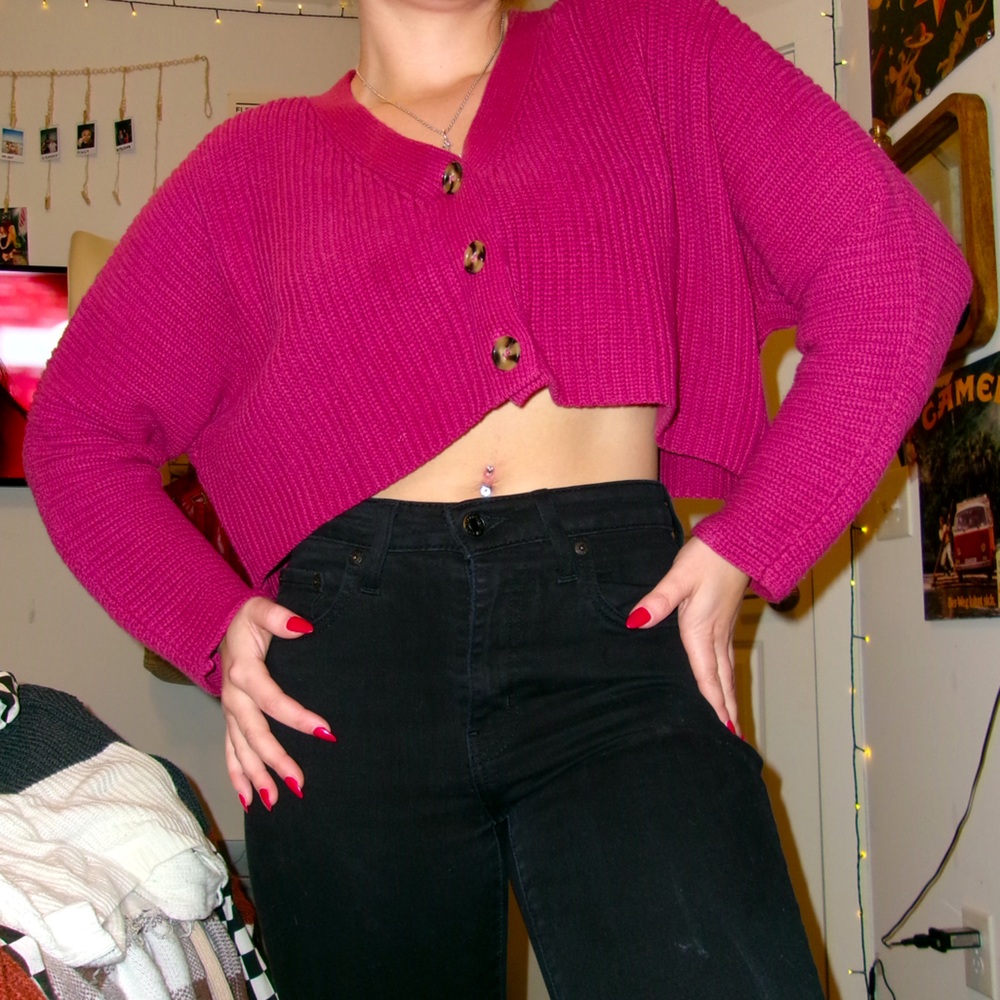Mauve Cropped Button-Front Cardigan Top | Ribbed Knit Long Sleeve